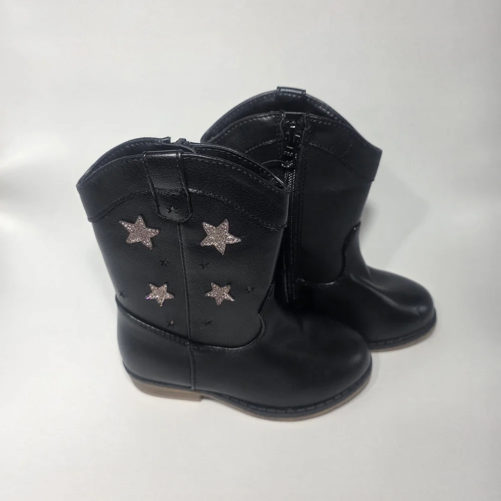 Cat & Jack Girls Black Star Embellished Cowboy Boots Size 8 Toddler Side Zip